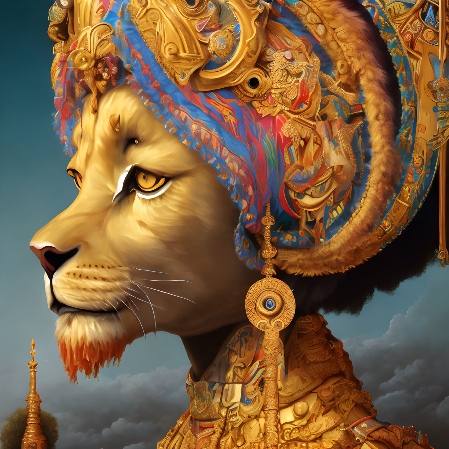 Majestic lion with gold and blue headgear under dramatic sky