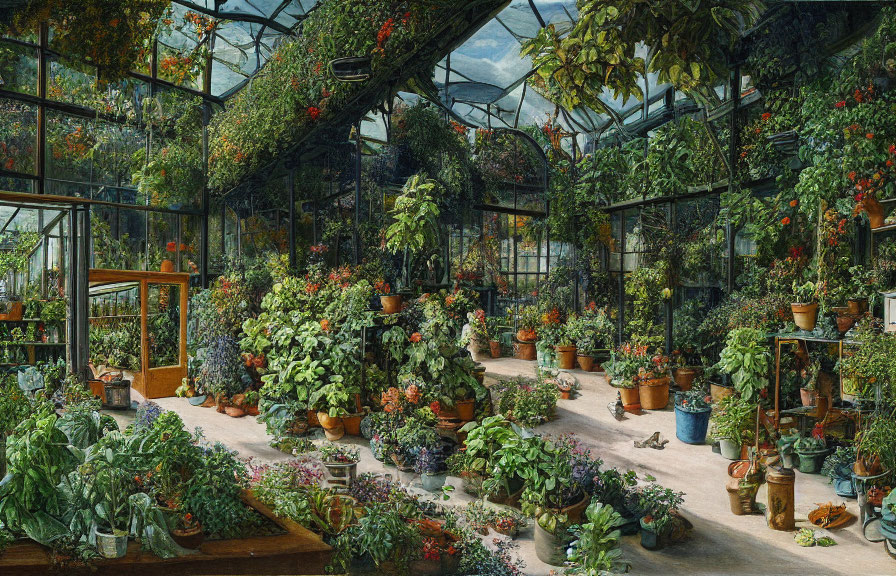 Greenhouse with assorted plants, flowers, and hanging baskets under glass roof