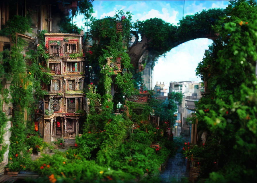 Lush greenery engulfing dilapidated urban buildings