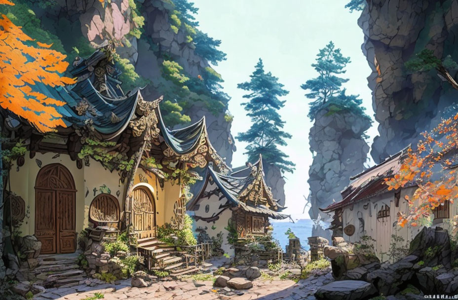 Tranquil Asian-style buildings amid autumn trees and cliffs by the sea