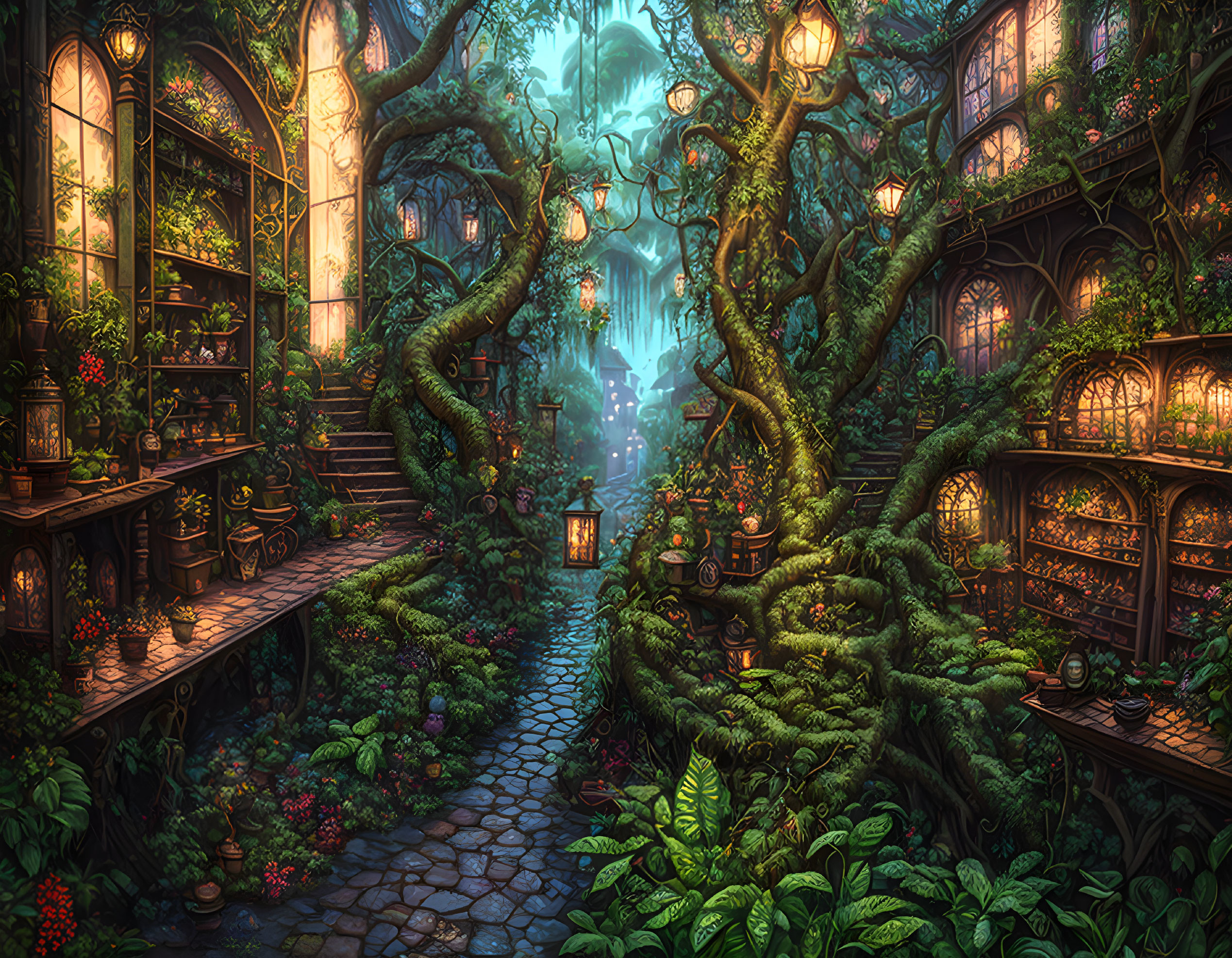 Lush greenery and glowing lanterns in enchanted forest scene