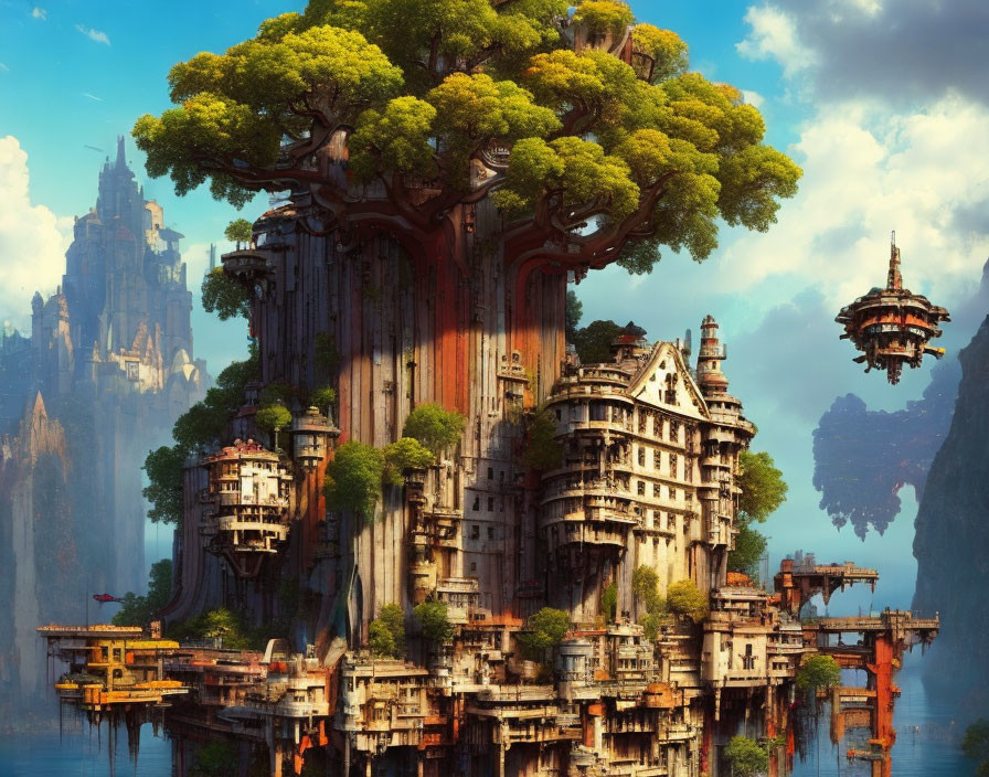 Fantastical landscape with giant tree, civilization, floating islands, and distant castle