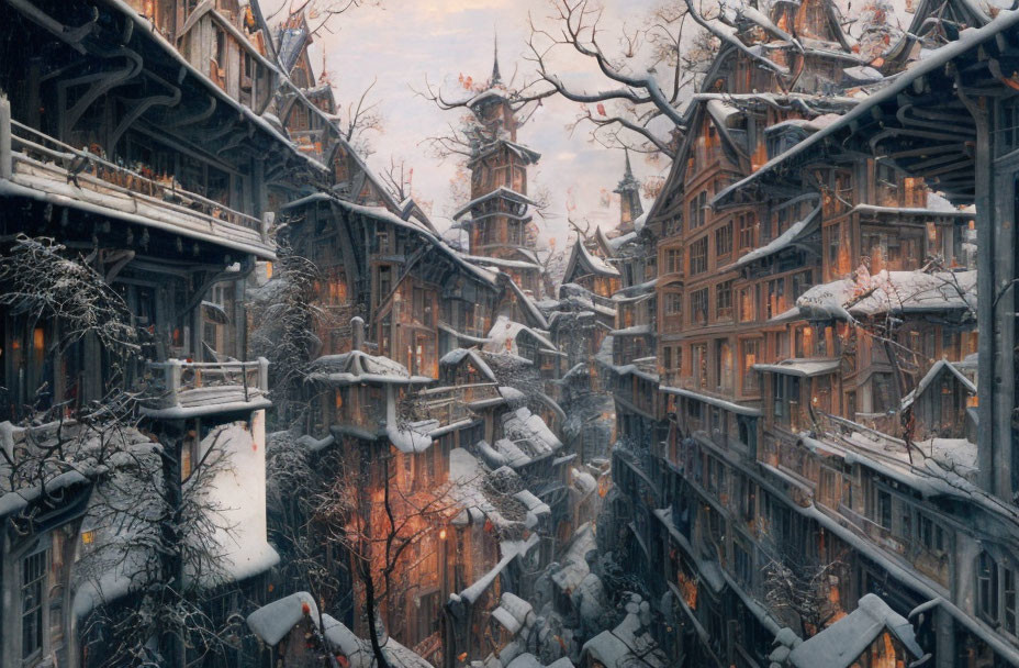 Snow-covered Street with Old Timber Buildings at Twilight