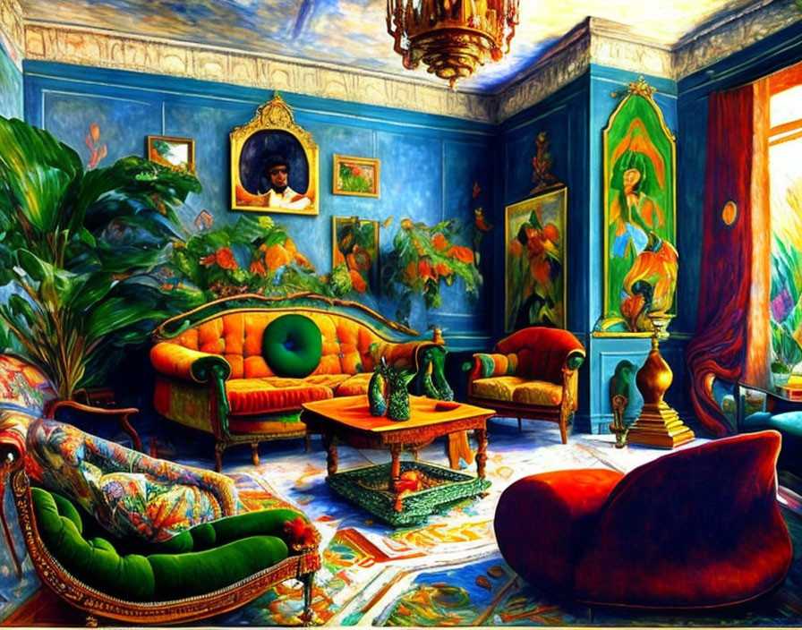 Eclectic interior design with blue walls, ornate ceiling, colorful paintings, and lush greenery.