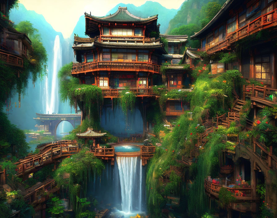 Tranquil landscape with tiered buildings, lush greenery, and waterfalls