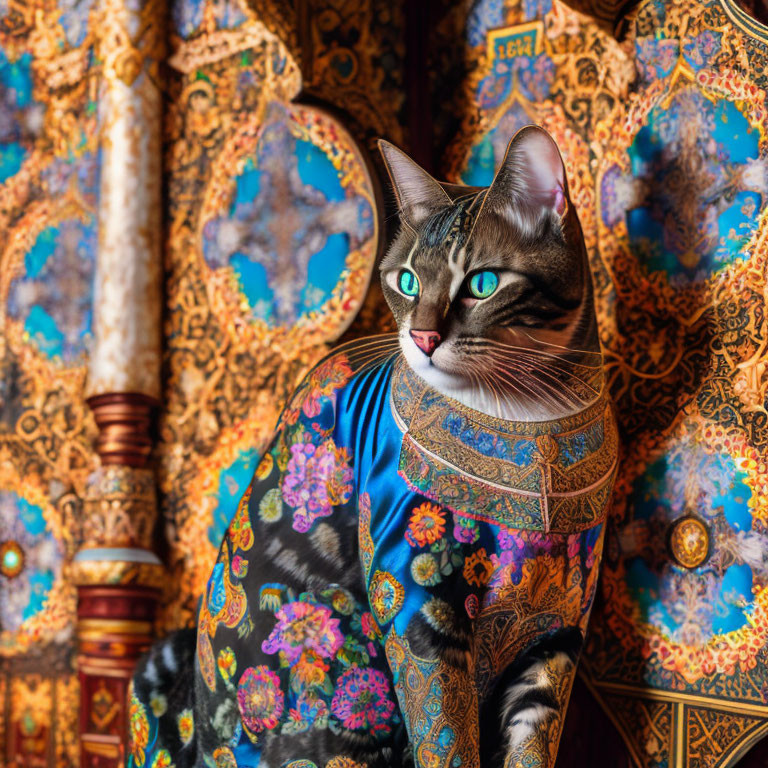 Green-eyed cat in ornate costume against colorful backdrop