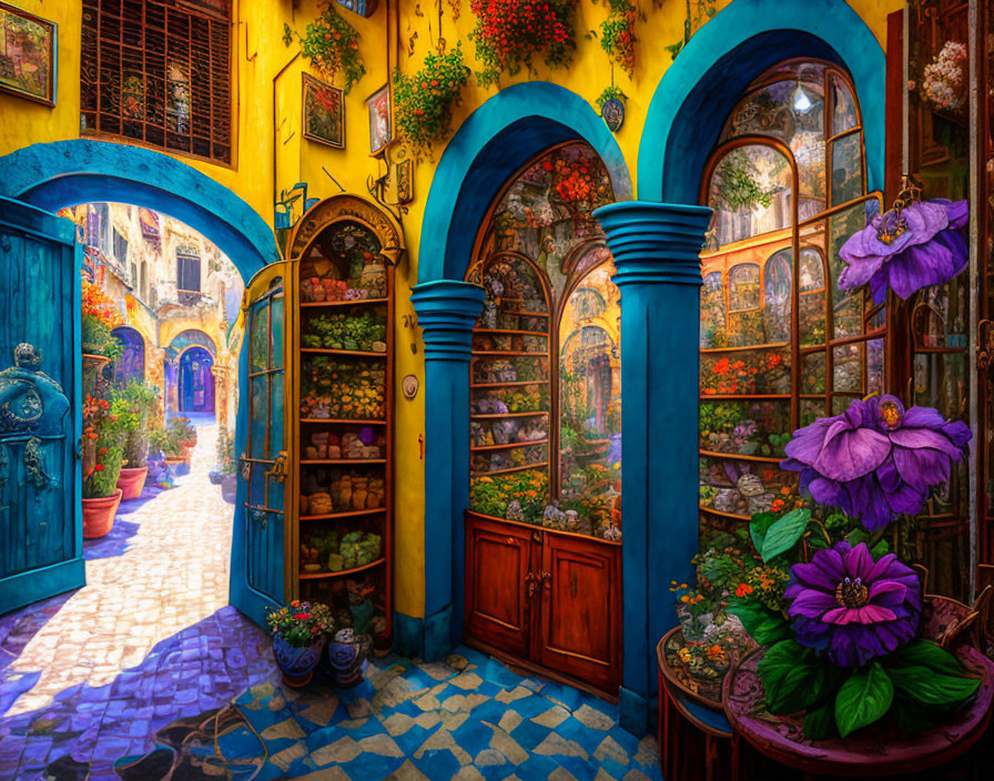 Colorful European-style alley with yellow walls, blue arches, vibrant flowers, and charming plants display