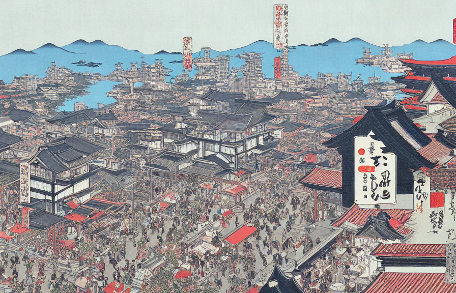 Traditional Edo Period scene with wooden architecture, market streets, and distant mountains.