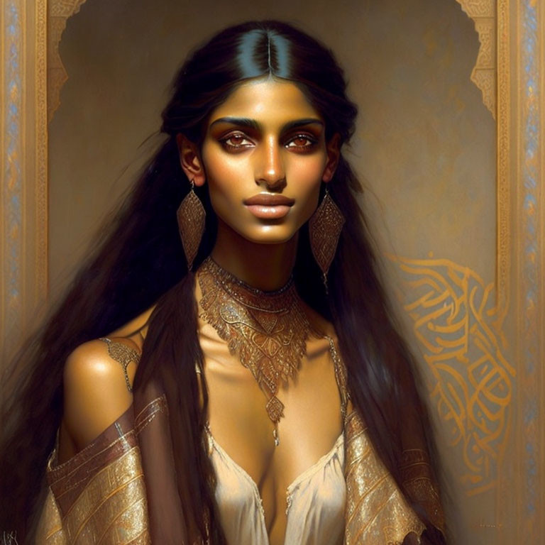 Woman with Dark Hair and Golden Jewelry in Intricate Digital Painting