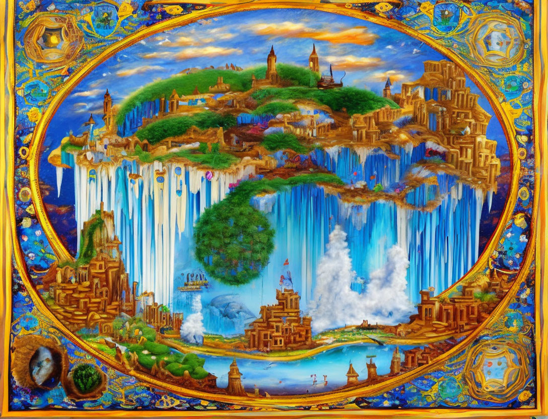 Detailed Fantasy Landscape with Floating Islands and Waterfalls