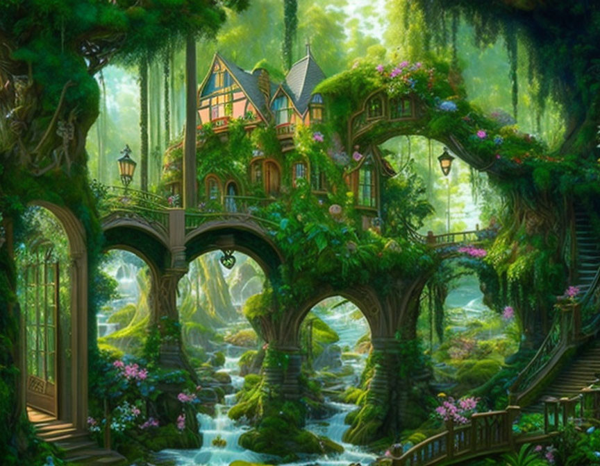 Enchanting forest scene with magical house on stone arch bridge