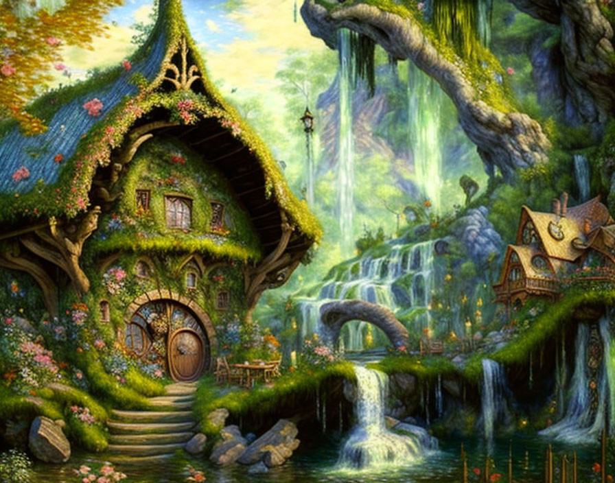 Fantasy landscape with greenery, waterfalls, fairy-tale cottages