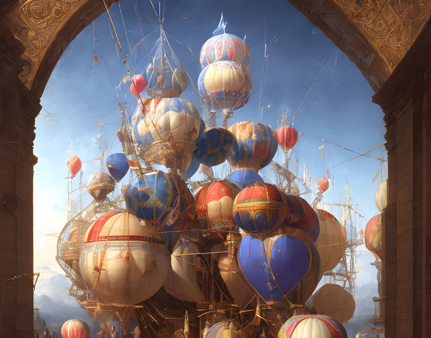 Vibrant hot air balloons ascending through ornate stone archway