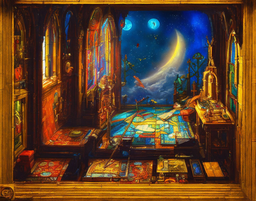 Enchanting room with stained glass windows, celestial sky, maps, books, and instruments