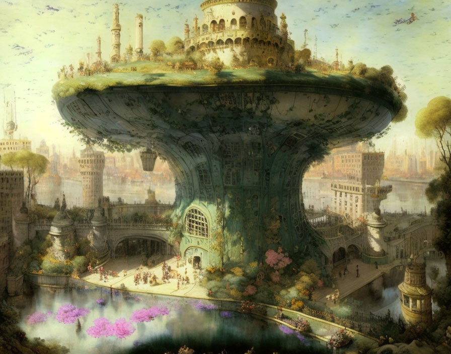 Fantastical city on giant tree with intricate architecture and floating airships