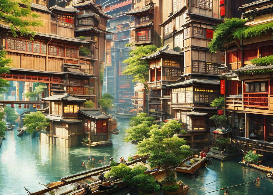 Futuristic cityscape with East Asian architecture and canal.