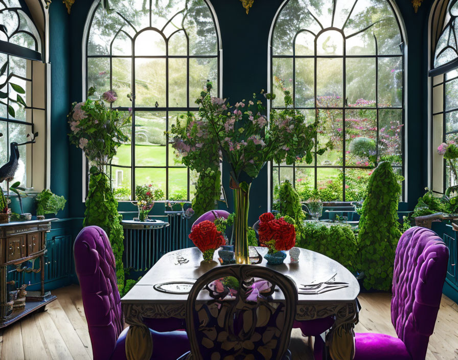 Spacious room with arched windows, purple chairs, floral table, and green walls with hanging plants