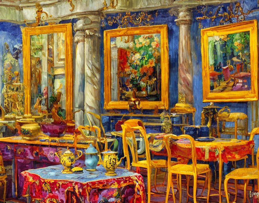 Colorful painting of ornate room with gold-framed mirrors, blue walls, antique furniture, and