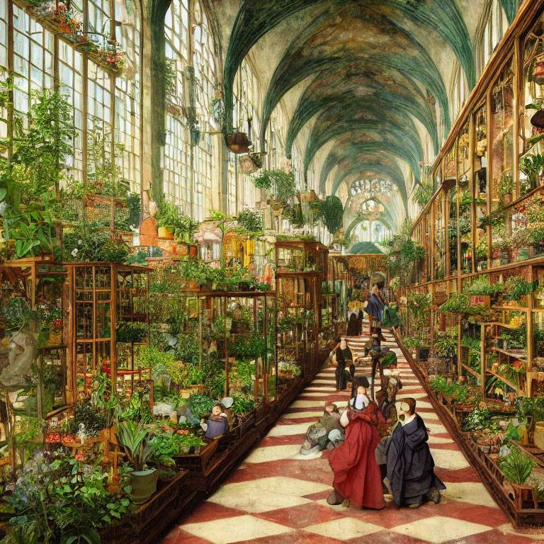 Sunlit greenhouse with lush plants and people in classical attire tending to flora.