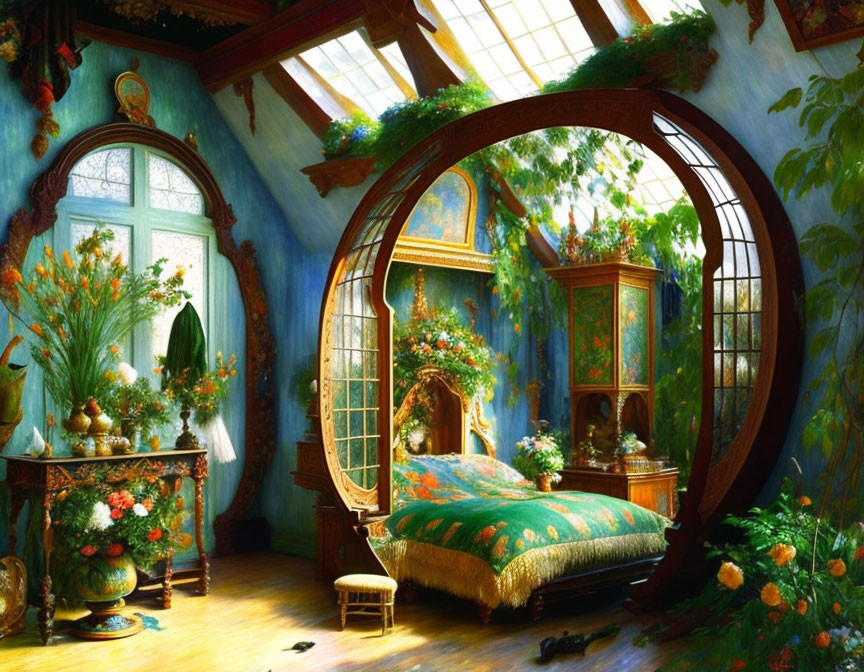 Luxurious Bedroom with Round Window, Floral Arrangements, Plants, and Ornate Furniture