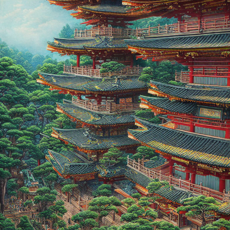 Red and Gold Pagoda in Green Forest with East Asian Architecture