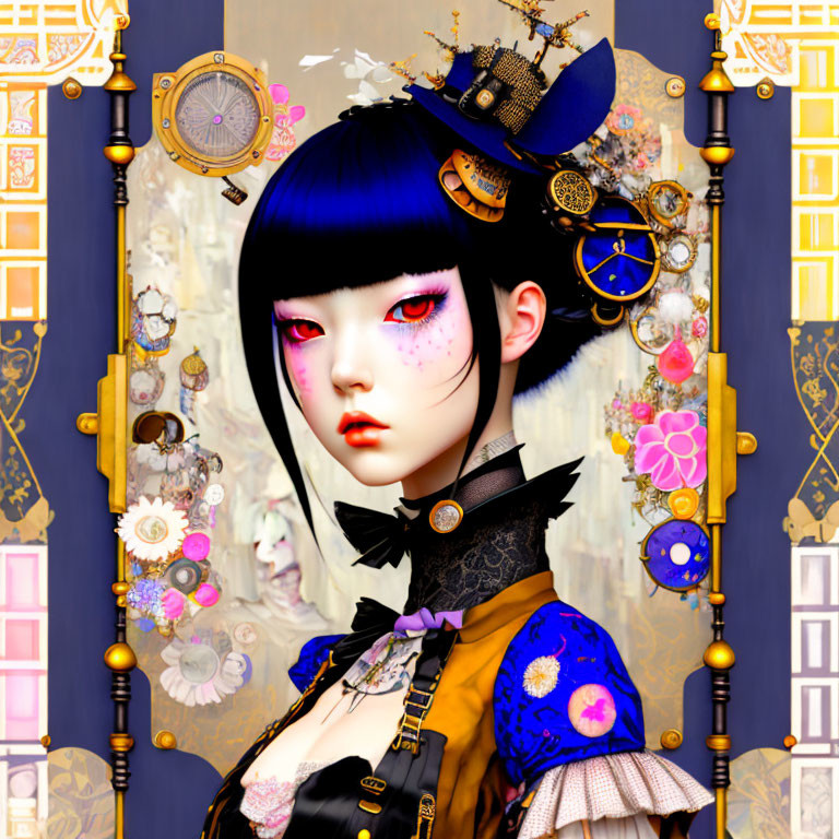 Illustrated female character with black bobbed hair and steampunk-inspired outfit in vibrant makeup.