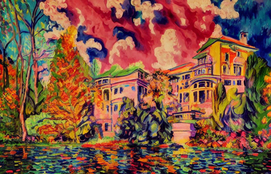 Impressionistic painting of majestic villa by lily pond at sunset