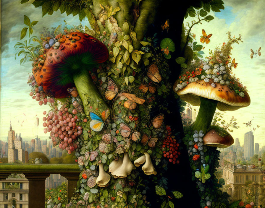 Colorful cityscape with fantastical tree, oversized mushrooms, diverse flora, and insects