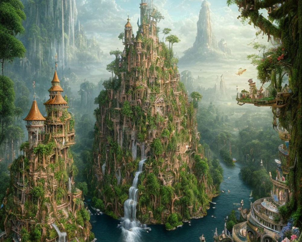 Towering city nestled among lush cliffs with waterfalls, flying ships, exotic wildlife in verdant landscape