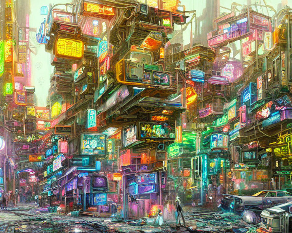 Futuristic cyberpunk cityscape with neon signs and towering buildings