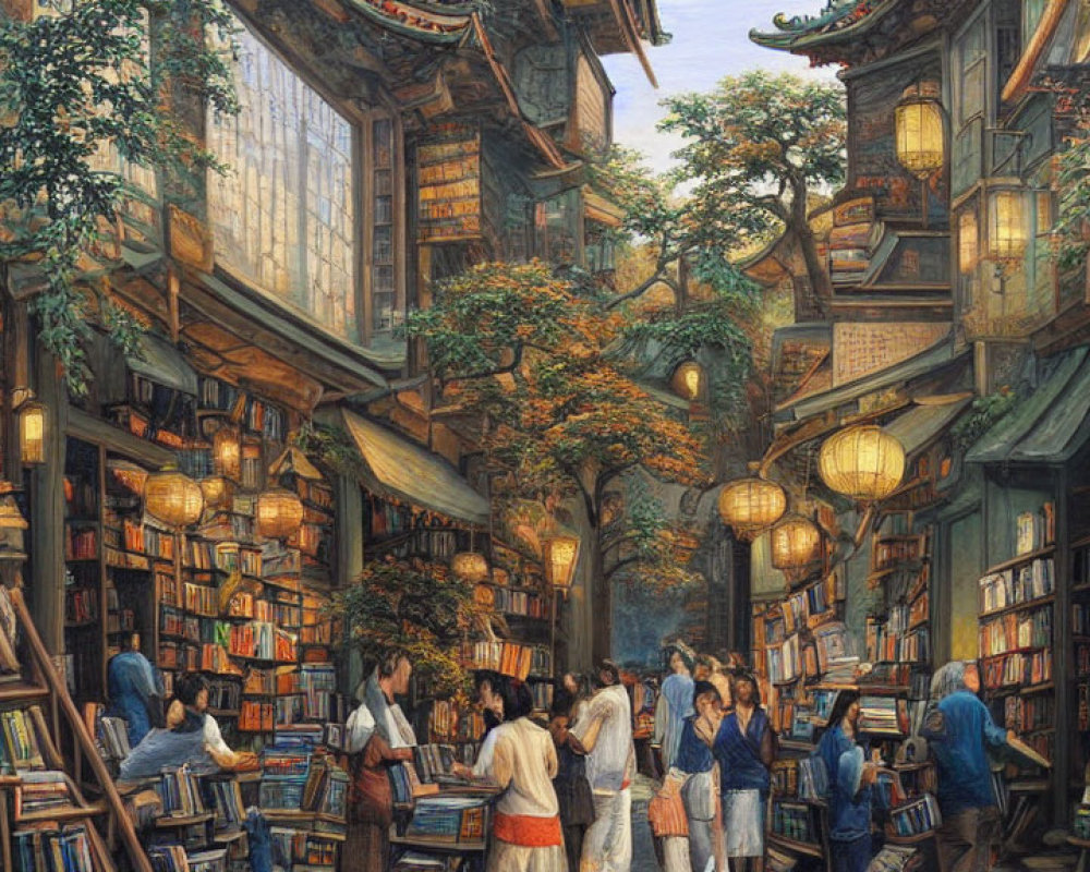 Multi-level bookstore with towering bookshelves and hanging plants.