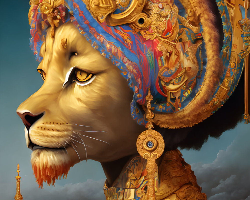 Majestic lion with gold and blue headgear under dramatic sky