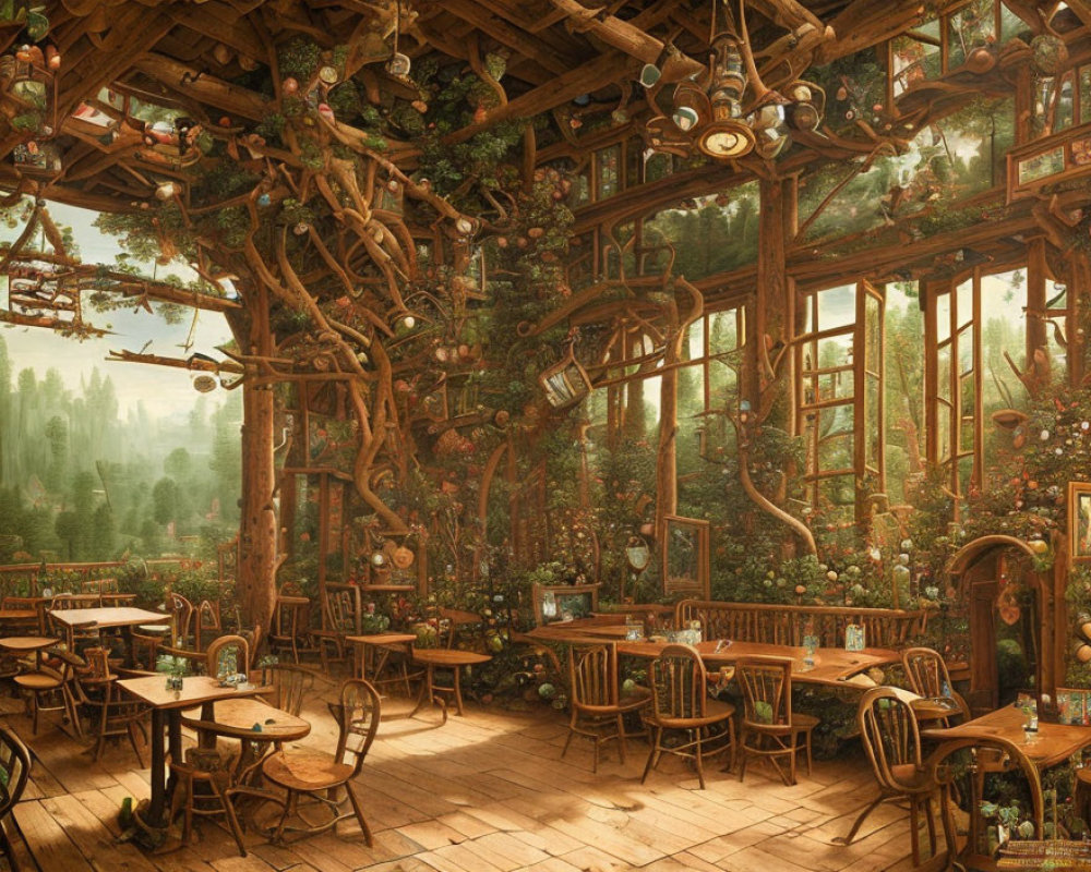 Rustic room with wooden furnishings, greenery, vines, vintage décor