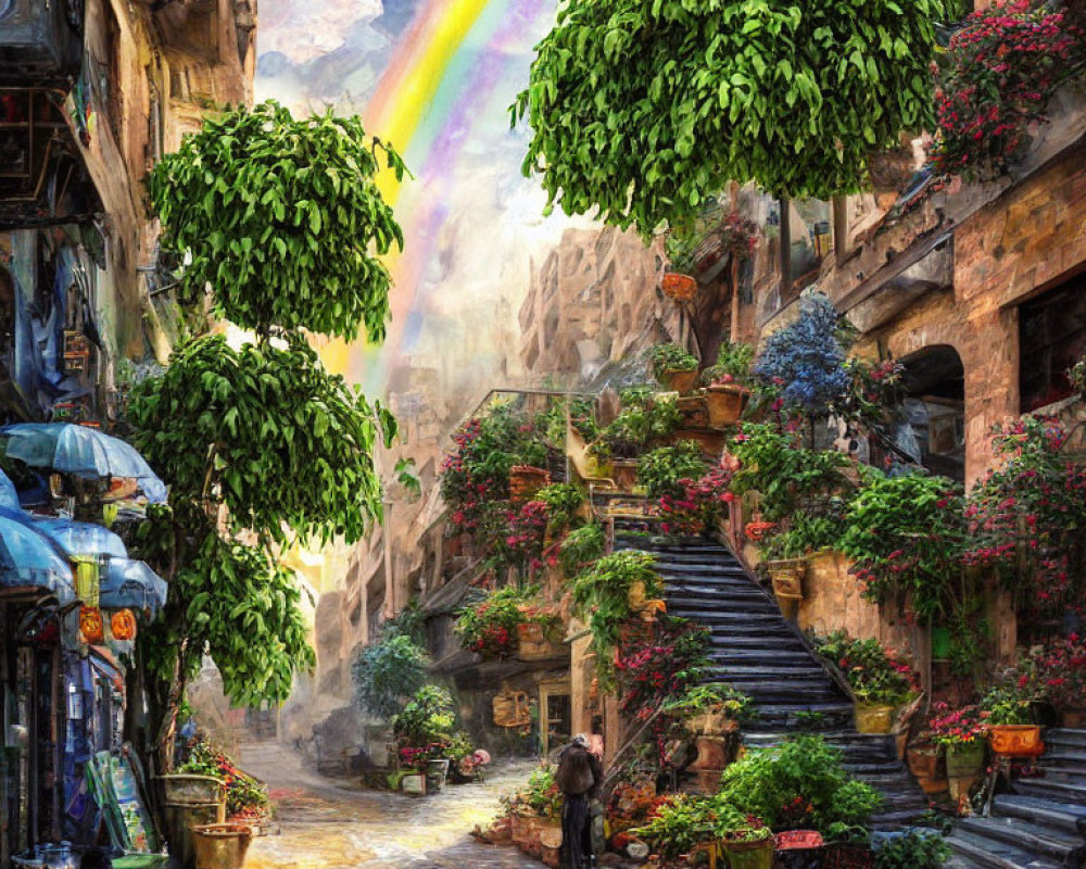 Charming cobblestone alley with lush greenery, vibrant flowers, and a rainbow over old-world