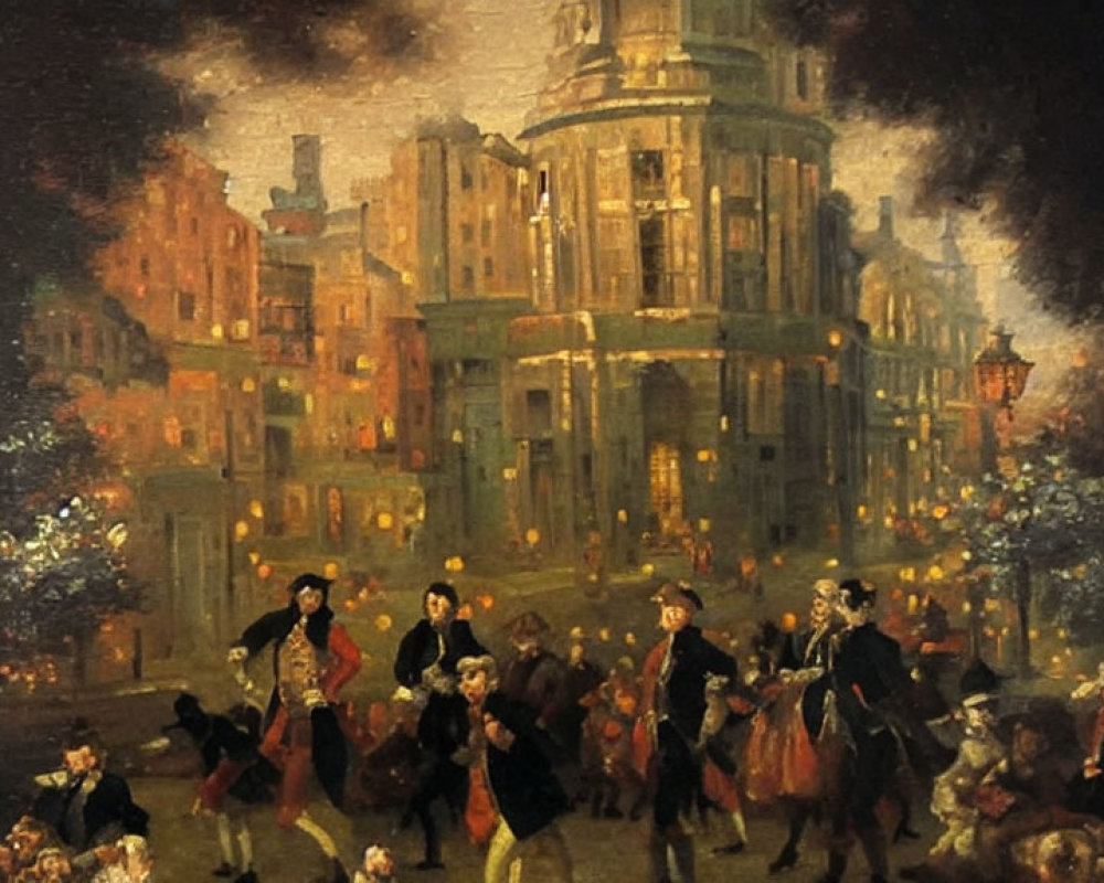 18th-Century Evening Street Scene with People in Classic Attire