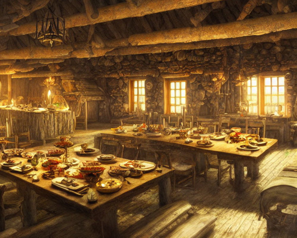 Medieval tavern interior with wooden tables, food, and warm sunlight