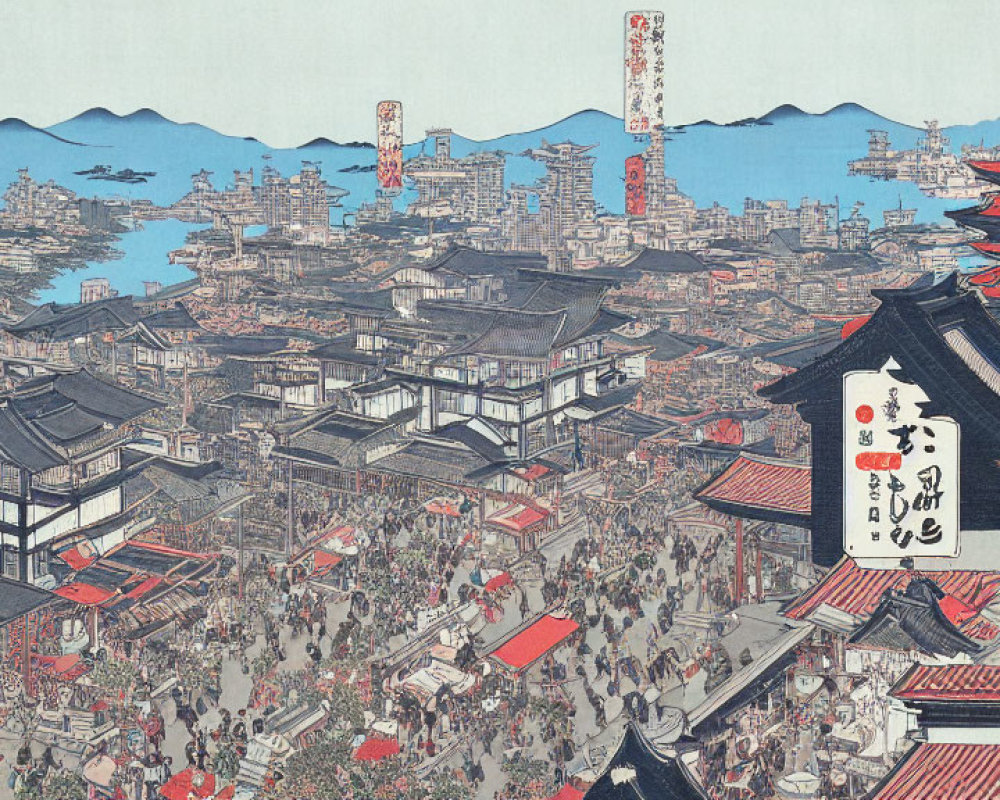 Traditional Edo Period scene with wooden architecture, market streets, and distant mountains.