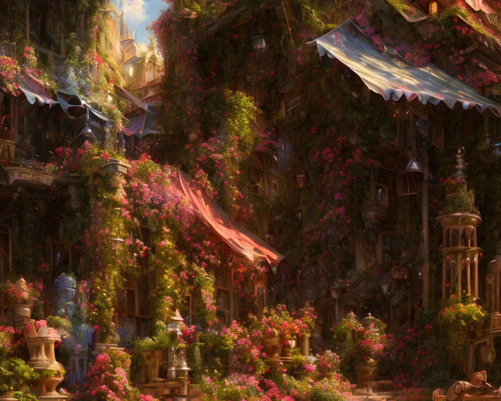 Sunlit fantasy village with lush greenery and quaint houses