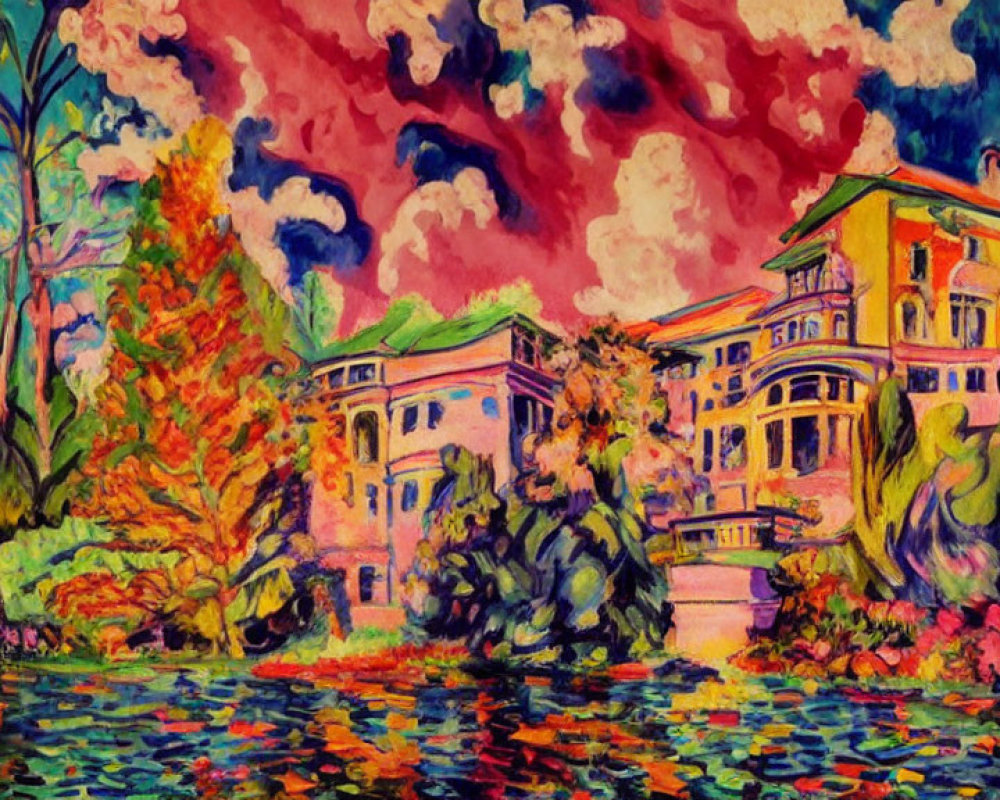 Impressionistic painting of majestic villa by lily pond at sunset