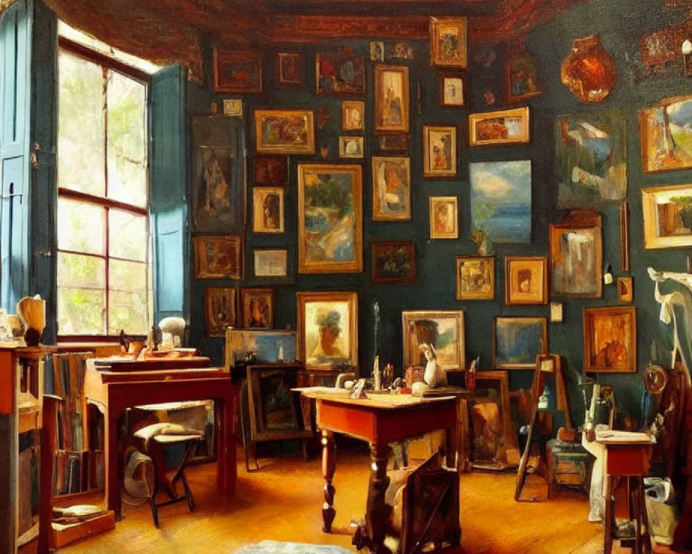 Classic Art Studio with Paintings, Easels, Table, and Window