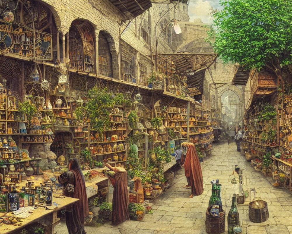 Enchanting marketplace with books, potions, and plants under lantern-lit stalls