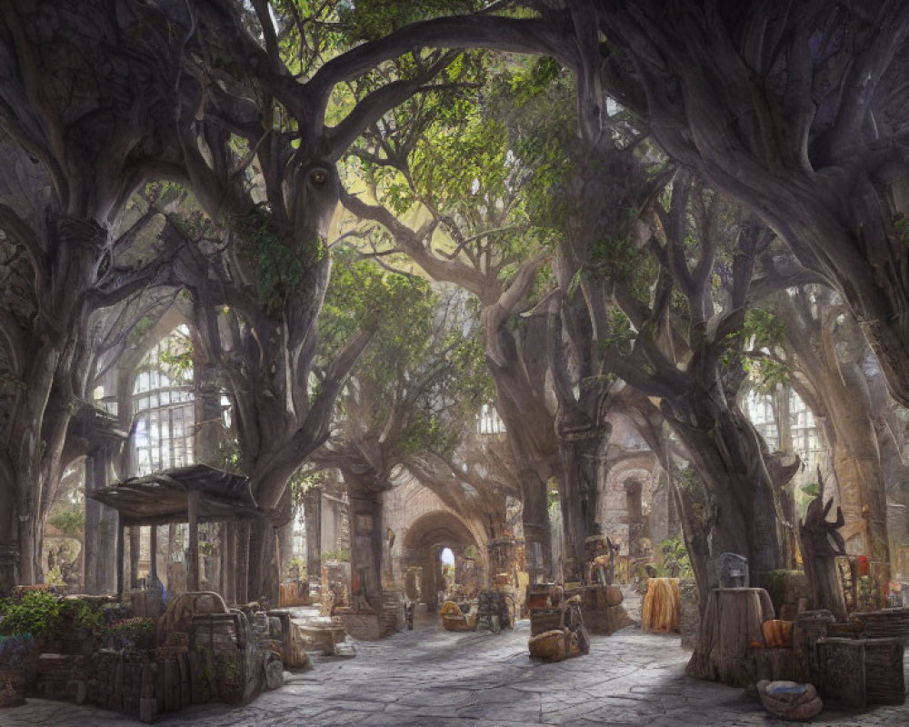 Mystical marketplace in enchanted forest with towering trees, stone arches, and magical stalls.