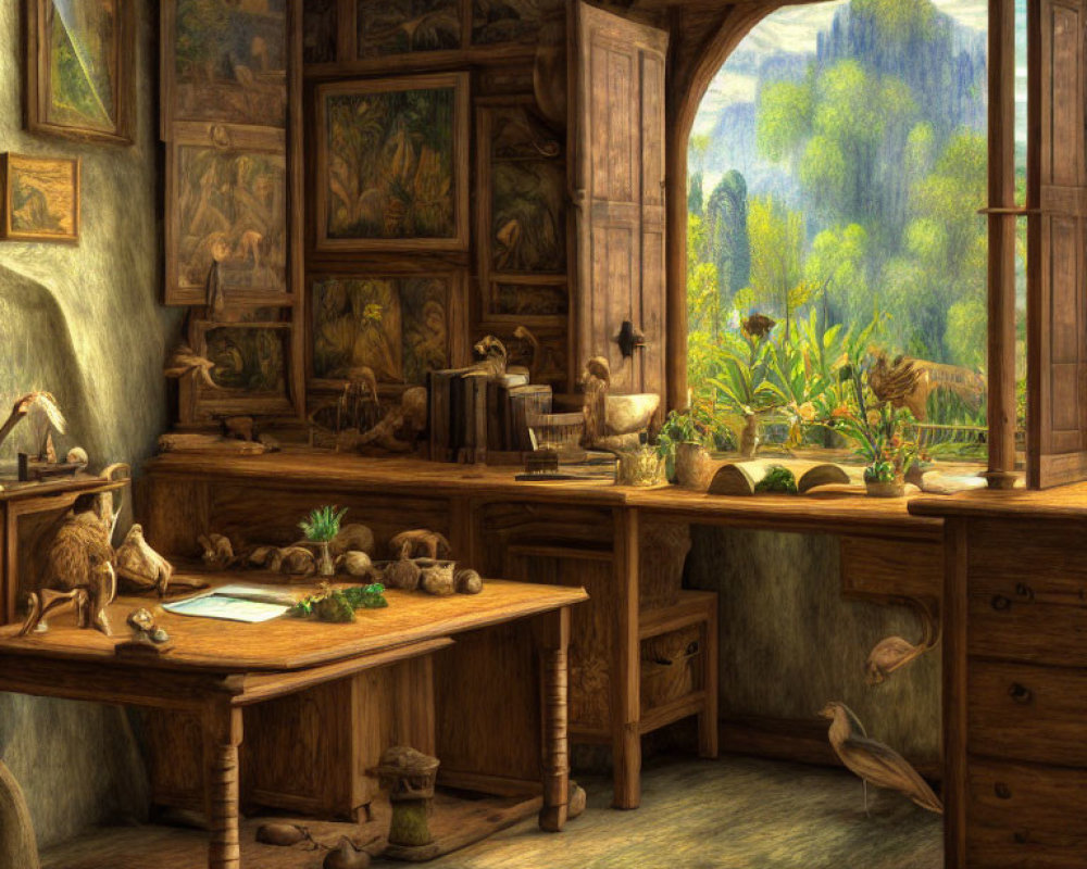 Rustic artist's studio with paintings, sculptures, plants, and supplies overlooking vibrant landscape