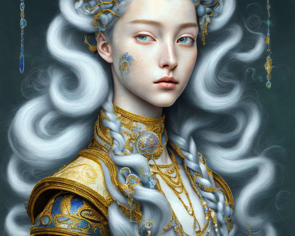 Ethereal digital artwork of woman with pale skin and elaborate gold headpiece