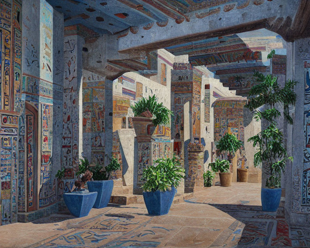 Intricate hieroglyphic murals in vibrant hallway