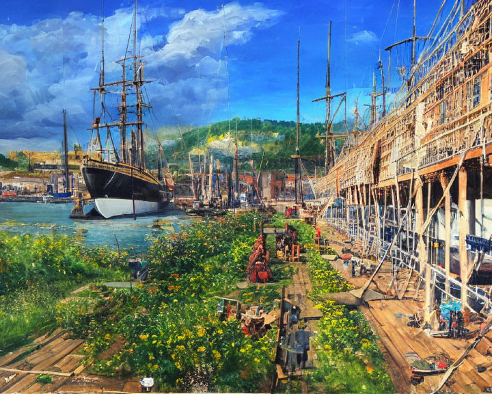 Detailed oil painting of bustling shipyard scene with tall ships, workers, green field, blue skies.