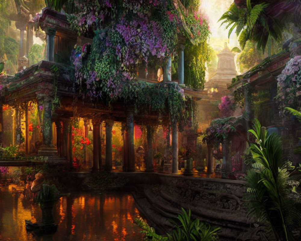 Enchanted forest temple with overgrown plants and tranquil water.