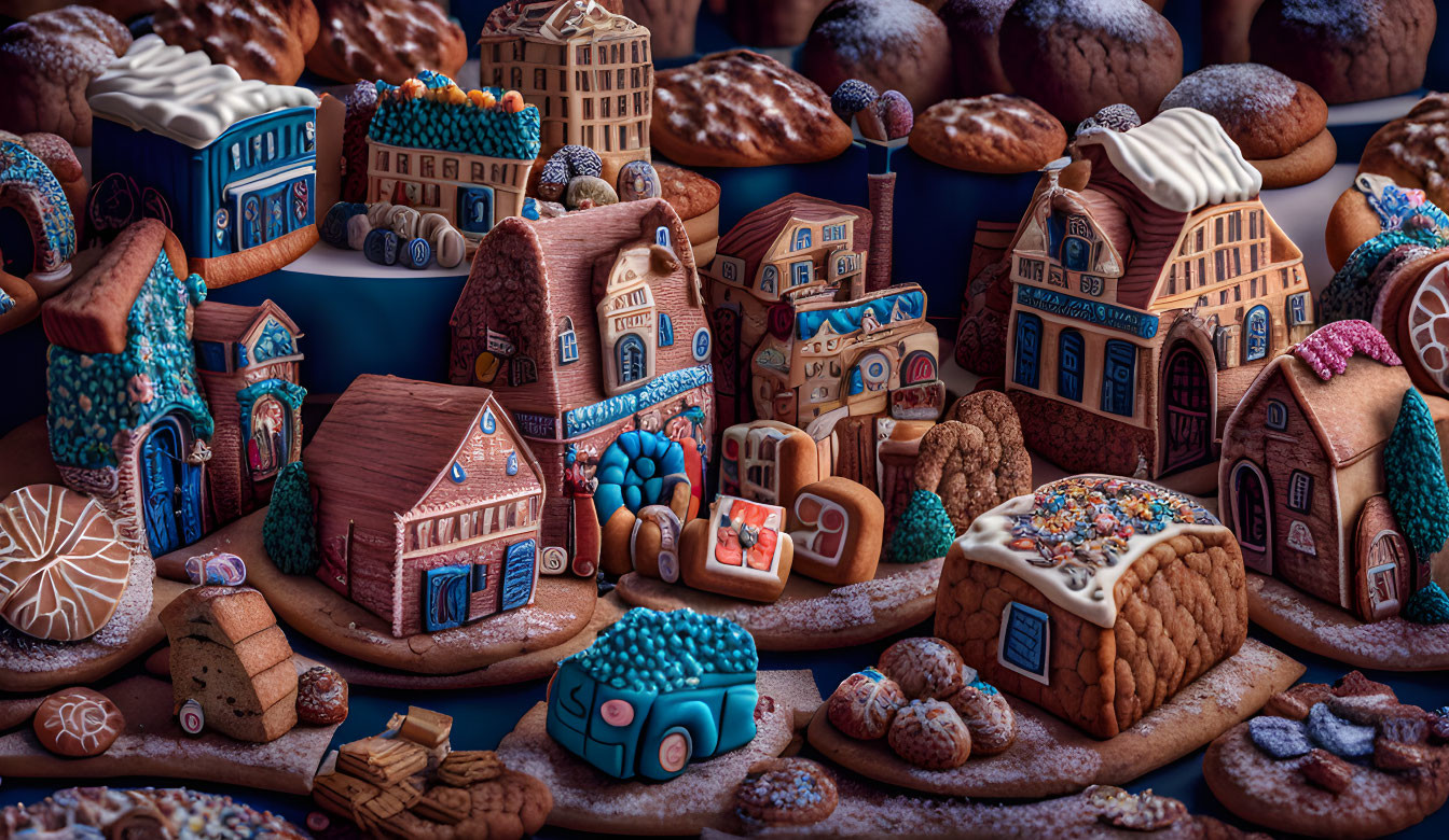 Variety of intricately decorated gingerbread houses and cookies