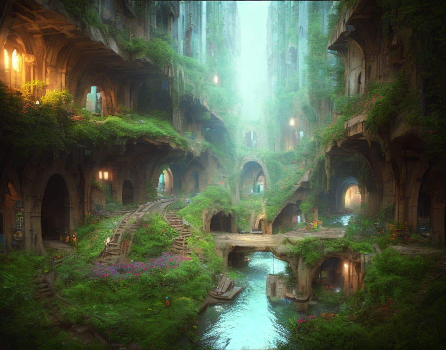 Enchanting Overgrown Ruin with Arches, River, and Greenery