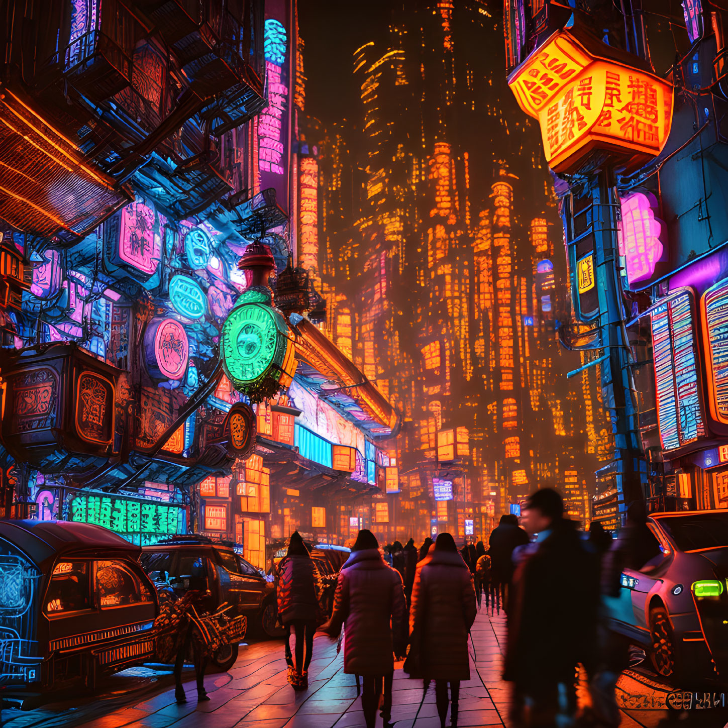 Vibrant futuristic cityscape with neon lights and skyscrapers